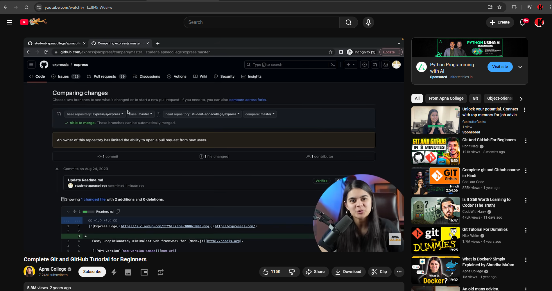 01:13:04 - Complete Git and GitHub Tutorial for Beginners by Apna College | YouTube | Inside The Open Source Softwares (OSS) PRs Massacre of GitHub