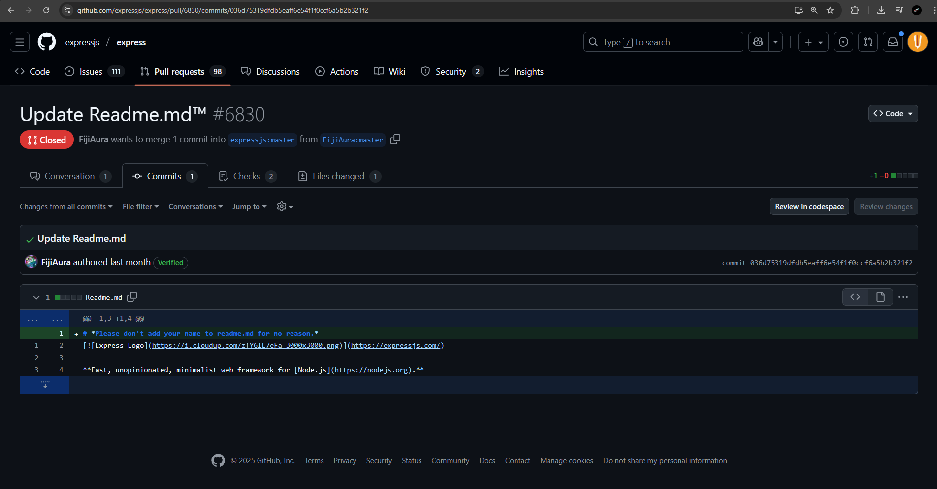 GitHub Express.JS PR Spam by @FijiAura | Inside The Open Source Softwares (OSS) PRs Massacre of GitHub